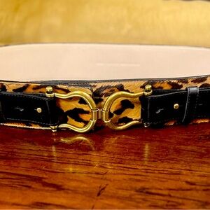 Animal Print Leopard Leather Belt Calf Hair Removeable Horsebit Buckle Size L